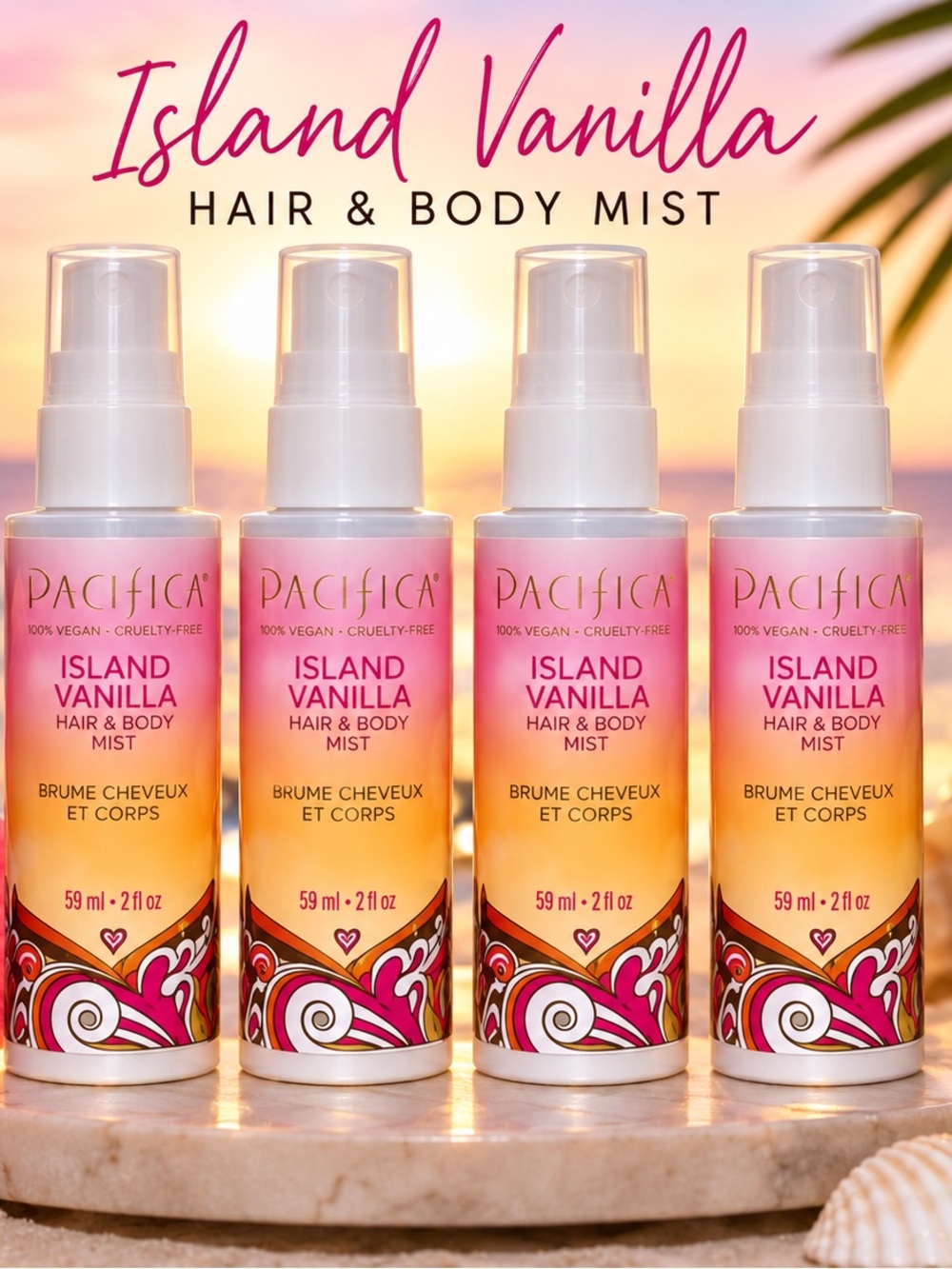 Pacifica Island Vanilla Hair & Body Mist 2 oz Lot of 4 Vegan Cruelty Free